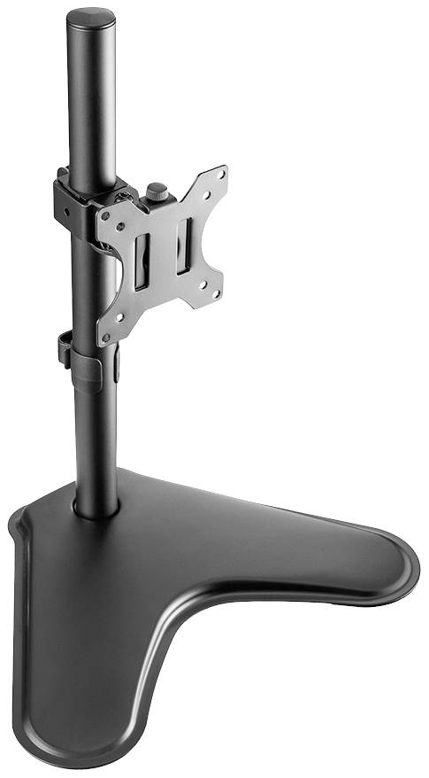 Einzigartiger schwarzer Monitorständer mit höhenverstellbarer Halterung und T-förmiger Basis, geeignet für Büro- oder Heimgebrauch.