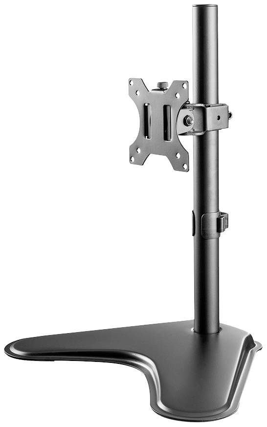 Ein schwarzer, metallischer Monitorständer mit einem höhenverstellbaren Rohr und einer VESA-Halterung für die Bildschirmmontage.