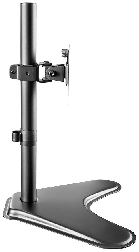Schwarzer Ständer für Monitor oder Fernseher, höhenverstellbar, mit stabiler Basis und VESA-Halterung. Ideal für Schreibtische.