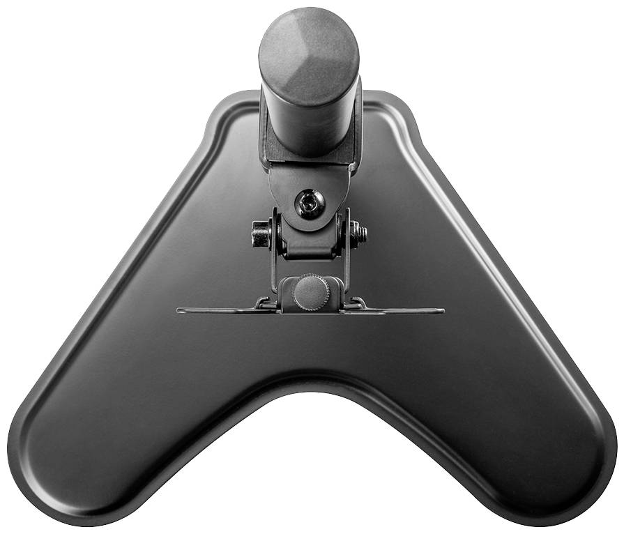 Ein schwarz-graues Tischbein in V-Form mit einer Metallhalterung oben zur Befestigung an einer Tischplatte.