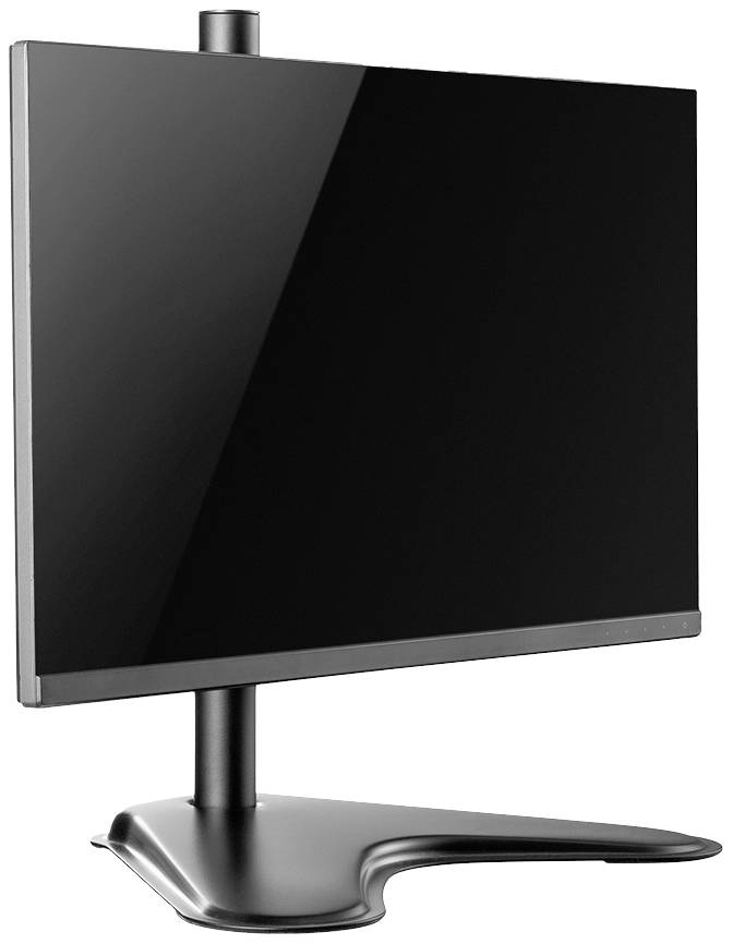 Ein schwarzer, rechteckiger Monitor auf einem eleganten, gebogenen Standfuß, seitlich von links betrachtet.