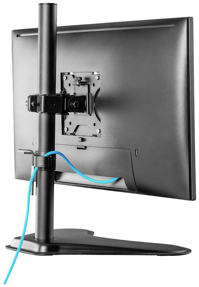 Der Bildschirm ist auf einem verstellbaren Monitorständer montiert; Kabel sind sauber durch das Kabelmanagementsystem geführt.