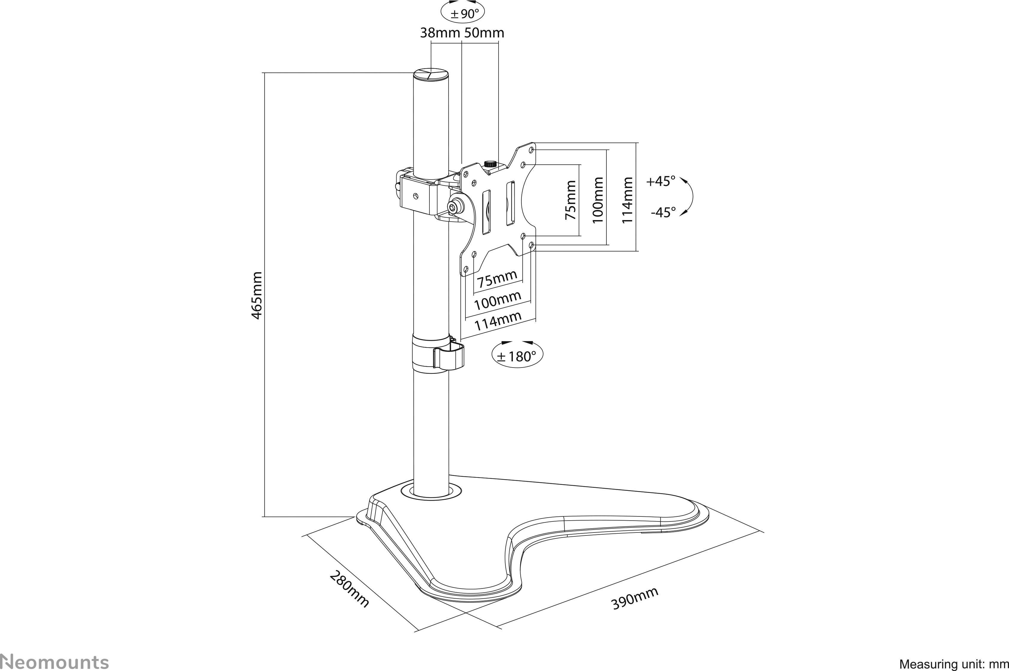 Montageständer-Diagramm mit Abmessungen: 465mm Höhe, 260mm Breite. Drehwinkel: ±45° vertikal, ±180° horizontal. Geeignet für Monitorinstallation.