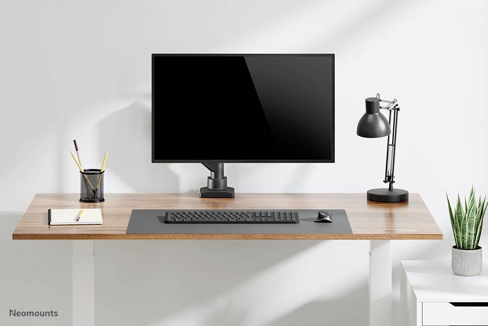 Ein aufgeräumter Schreibtisch mit Monitor, Tastatur, Maus, Schreibtischlampe, Stifthalter, Notizblock und Pflanze auf hellem Holzuntergrund.