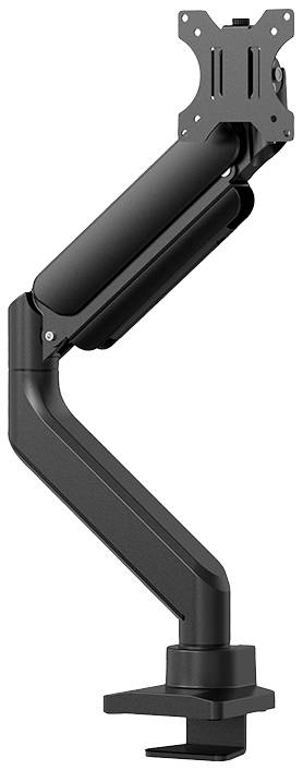 Ein schwarzer, verstellbarer Monitorarm mit Tischklemme, geeignet zur Befestigung eines Computermonitors, in seitlicher Ansicht.