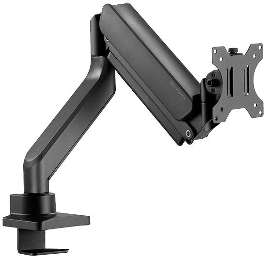 Ein schwarzer Monitorarm mit verstellbarem Gelenk und Tischklemme zur Befestigung. Geeignet für die Montage eines Bildschirms.