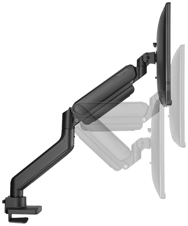 Ein verstellbarer Monitorarm zeigt verschiedene Höhen- und Neigungspositionen eines Bildschirms. Er wird an einem Tisch befestigt.