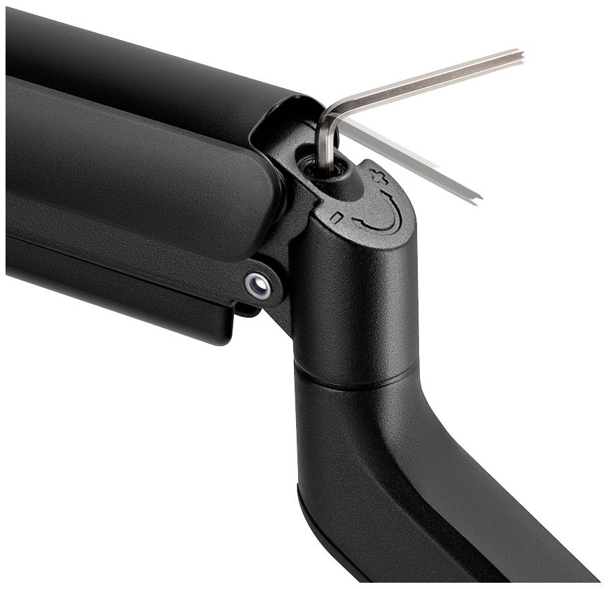 Nahaufnahme eines schwarzen Gelenkarms mit eingestecktem Inbusschlüssel, der zur Anpassung der Armposition dient.