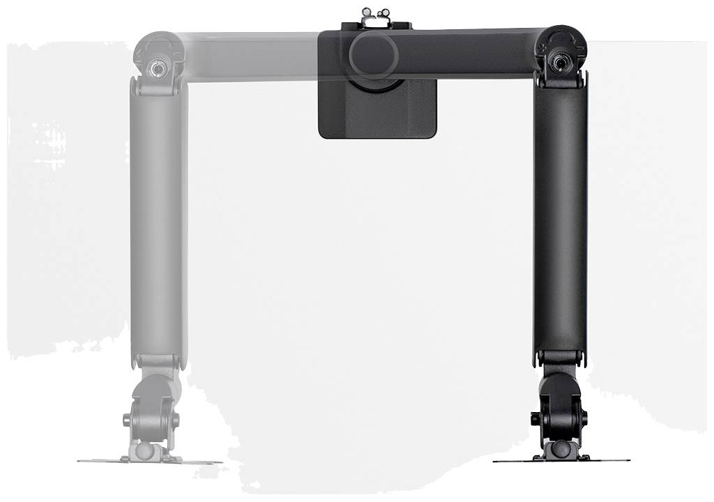 Zwei schwarze Monitorarme in symmetrischer Position, für flexible Bildschirmaufstellungen konzipiert.