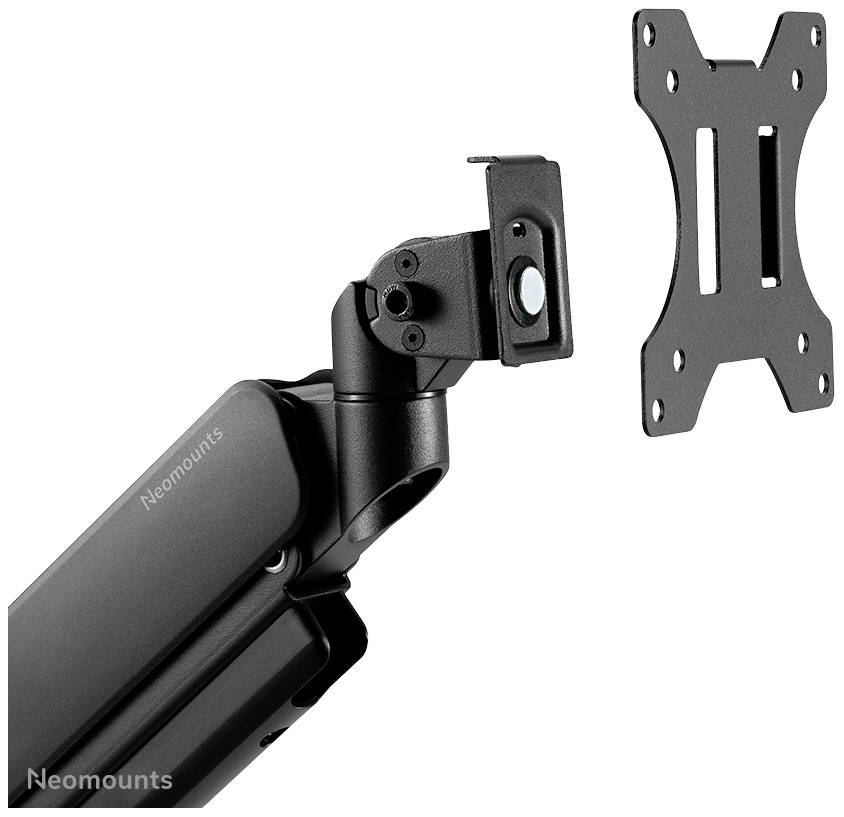 Ein schwarzer Monitorarm von Neomounts mit einem flexiblen Gelenk und einer Halterung für VESA-kompatible Bildschirme.