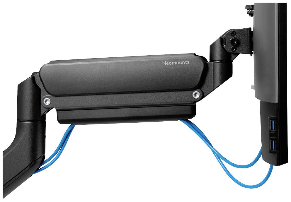Monitorarm mit integriertem Kabelmanagement, hält einen Bildschirm an der Wand. Blaue Kabel sind ordentlich geführt.