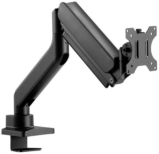 Ein schwarzer, verstellbarer Monitorarm mit Tischklemme und VESA-Halterung. Eignet sich für die ergonomische Anbringung von Monitoren.