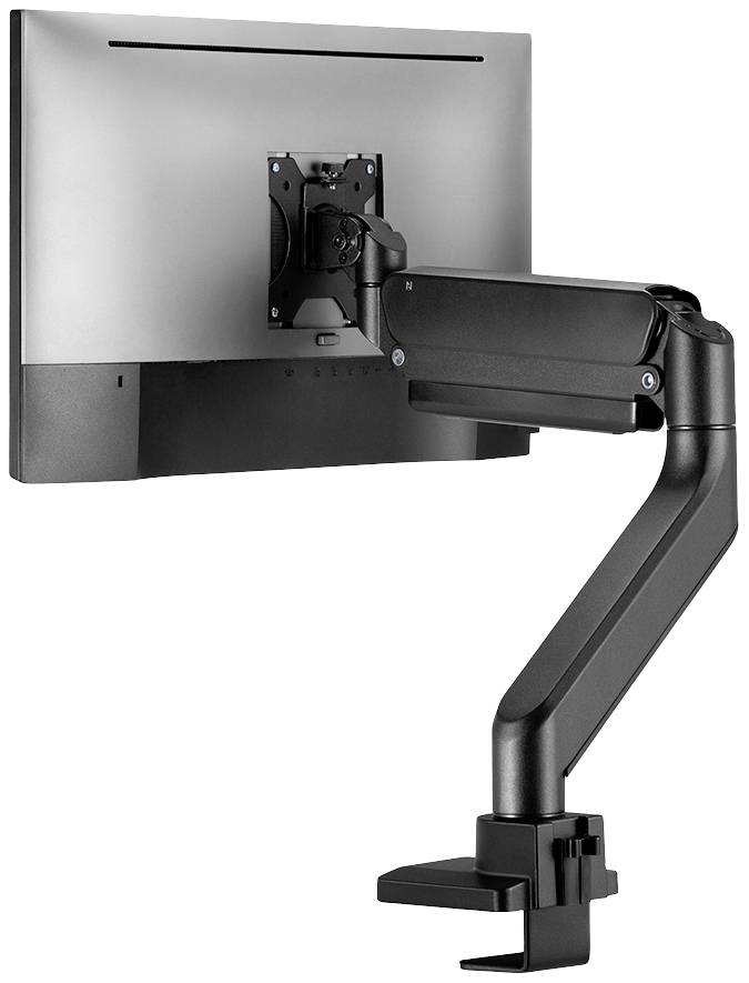 Ein grauer Monitor ist an einem schwarzen, flexiblen Schwenkarm befestigt, der an einem Tisch montiert ist.