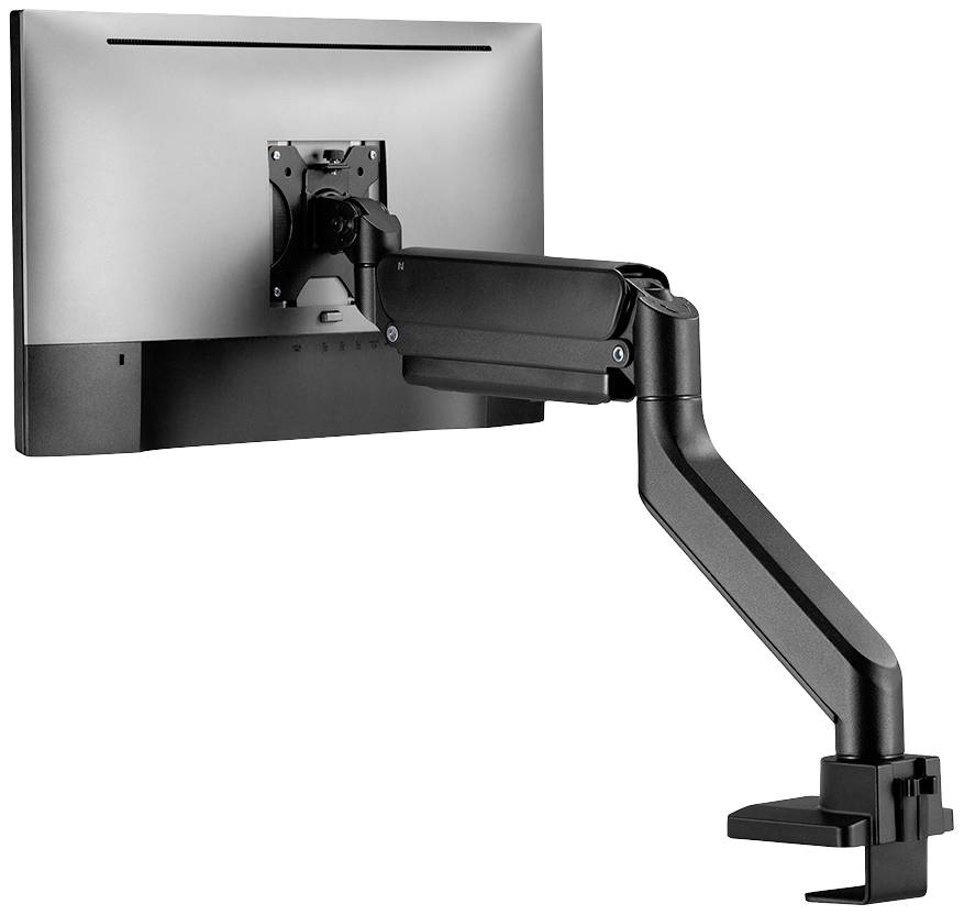 Schwarzer Monitorarm, der einen Computerbildschirm hält. Der Arm ist verstellbar und an einem Tisch befestigt. Rückansicht des Bildschirmes.