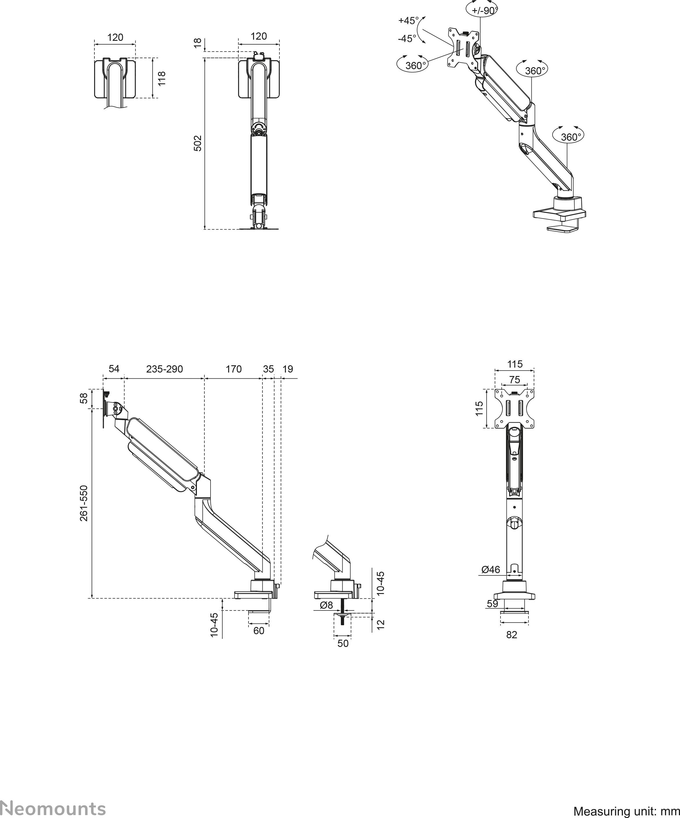 Technische Zeichnung des Neomounts Monitorarms mit Abmessungen und verstellbaren Winkeln. Maße in Millimetern angegeben.