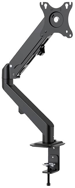 Schwarzer, verstellbarer Monitorarm aus Metall, befestigt an einem Schreibtischrand, geeignet für ergonomische Monitorpositionierung.
