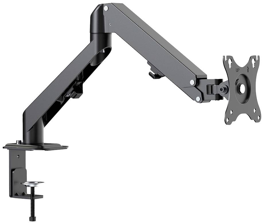 Ein schwarzer, verstellbarer Monitorarm aus Metall, der an einem Tisch befestigt ist. Er hat einen schwenkbaren Kopf zur Befestigung von Monitoren.