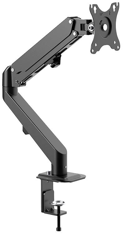 Ein verstellbarer Monitorarm aus Metall mit Klemme, geeignet zur Befestigung an einem Schreibtisch oder Tisch.