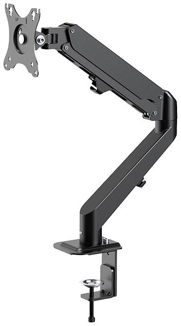 Ein schwarzer Monitorarm mit verstellbarem Gelenk und Tischklemme zur Befestigung. Entworfen für ergonomische Bildschirmpositionierung.