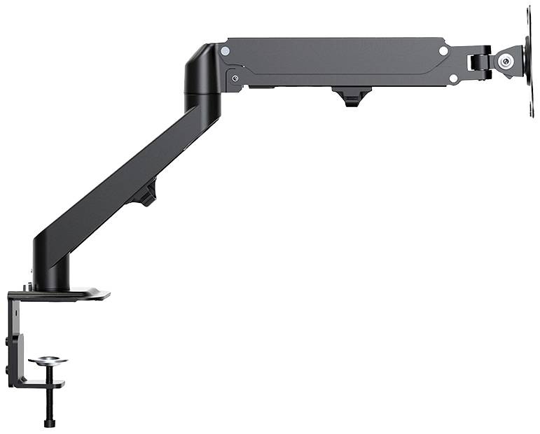 Schwarzer einstellbarer Monitorarm mit Tischklemme, geeignet für ergonomische Bildschirmpositionierung in Arbeitsbereichen.