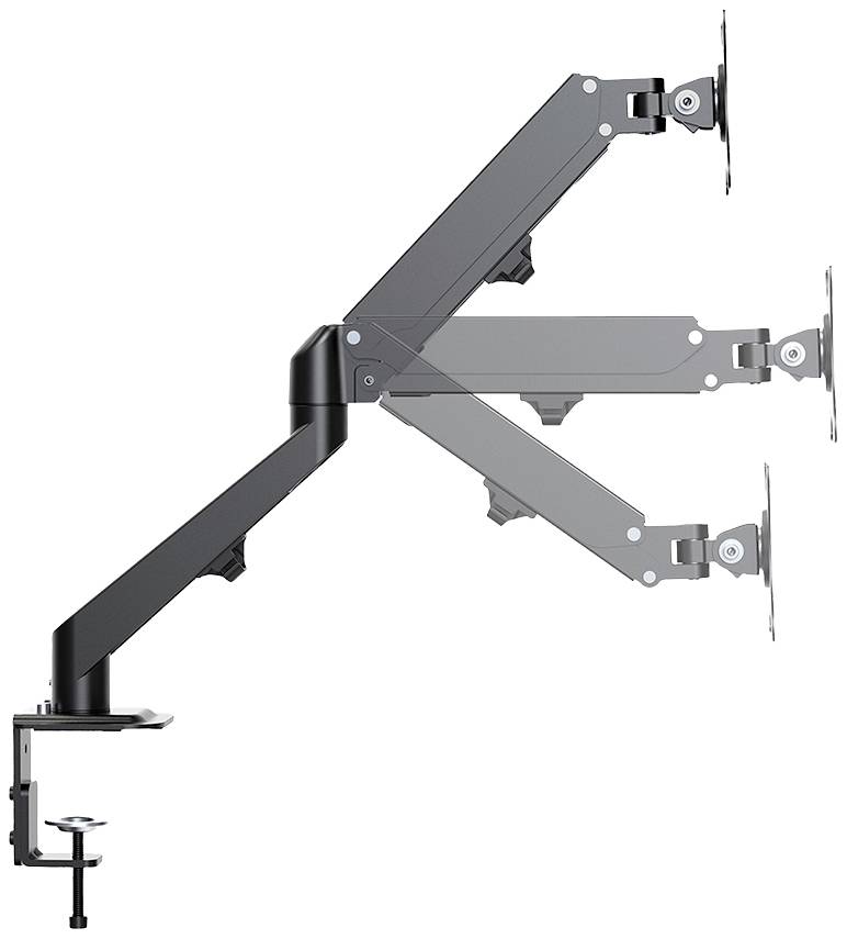 Monitorhalterung mit drei verstellbaren Armen, zur Tischmontage, je ein Bildschirmhalter pro Arm, in seitlicher Ansicht.