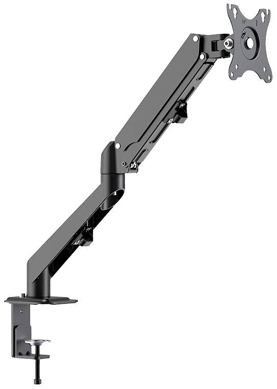 Ein schwarzer, verstellbarer Monitorarm zur Tischbefestigung, ermöglicht flexible Positionierung von Bildschirmen. Geeignet für ergonomische Arbeitsplätze.
