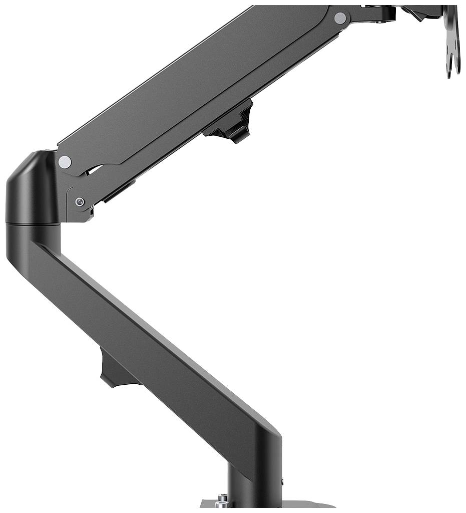 Ein grauer, verstellbarer Monitorarm, seitliche Ansicht. Geeignet zur Befestigung eines Bildschirms für ergonomisches Arbeiten am Schreibtisch.