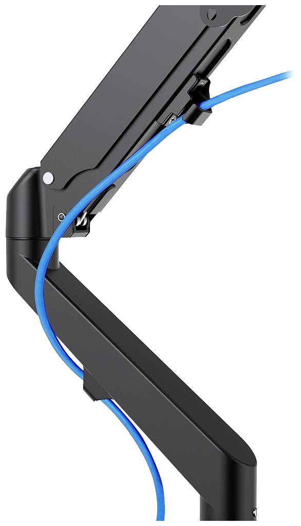 Ein verstellbarer schwarzer Schwenkarm mit einem blauen Kabel, das entlang des Arms verläuft und durch Kabelhalterungen fixiert wird.