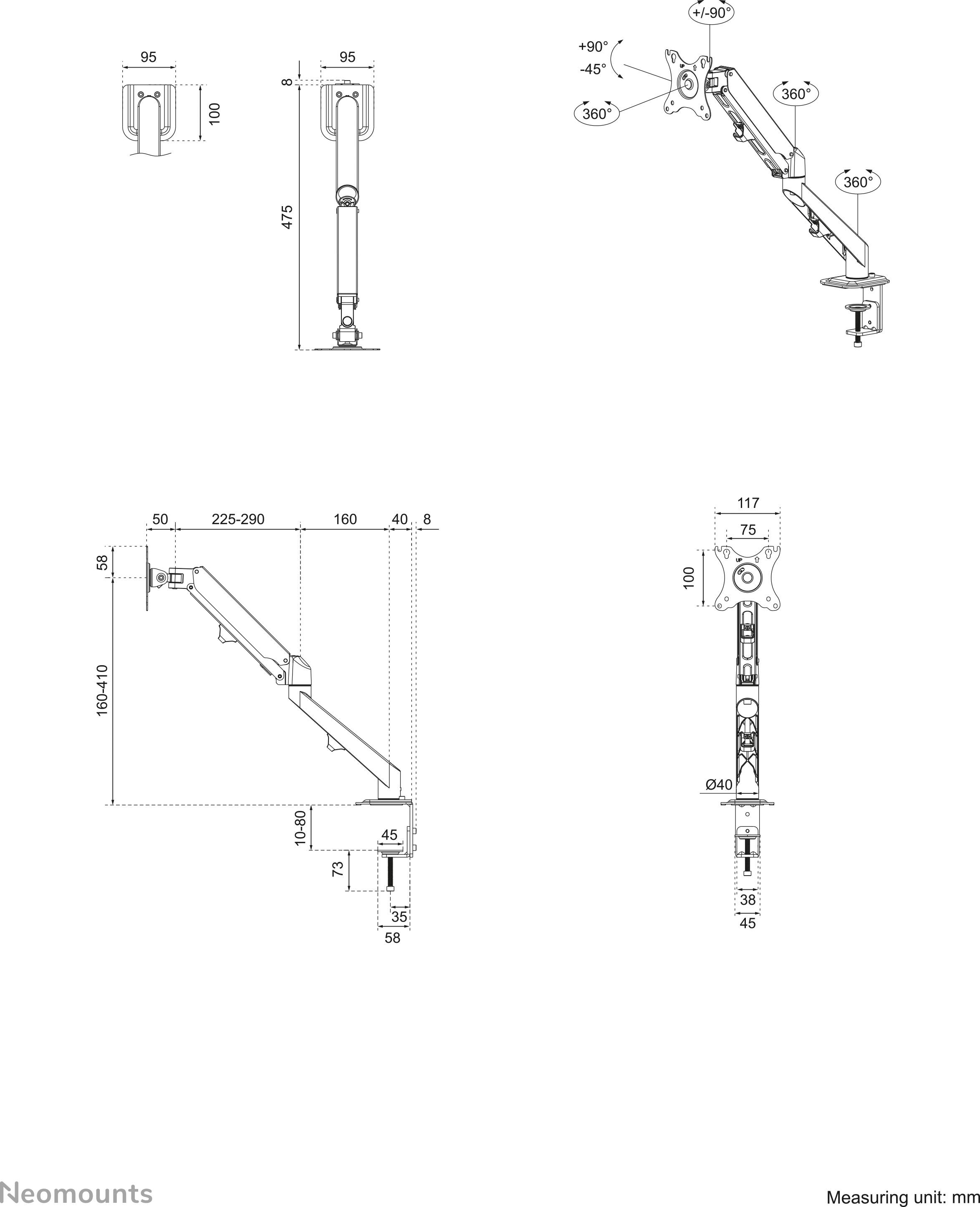 Neomounts DS70-700BL1 1fach Monitor-Tischhalterung 43,2cm (17") - 68,6cm (27") Schwarz Neigbar+Schwenkbar, Höhenverstellbar