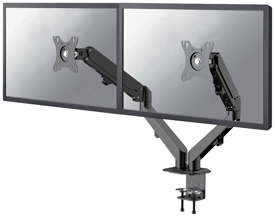 Zwei nebeneinander montierte Computerbildschirme an einem verstellbaren Arm, befestigt an einem Schreibtisch.