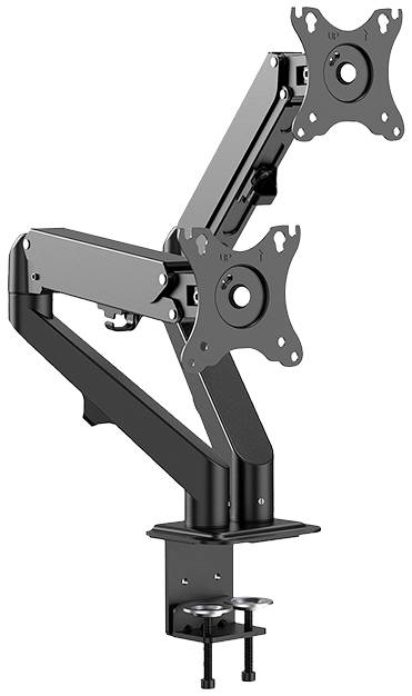 Doppel-Monitorhalterung mit verstellbaren Armen und Klemmbefestigung zur Tischmontage; ermöglicht flexible Monitorausrichtung.