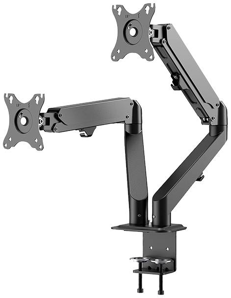 Schwarze, verstellbare Doppel-Monitorhalterung mit Klemmbefestigung, geeignet für Schreibtischarbeitsplätze, ermöglicht flexible Bildschirmpositionierung.