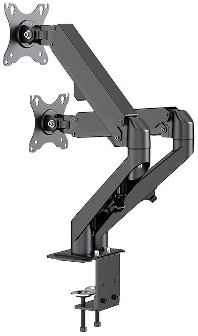 Zweiarmiger, neig- und schwenkbarer Monitorhalter für zwei Bildschirme, an einem Tisch befestigt, schwarz.