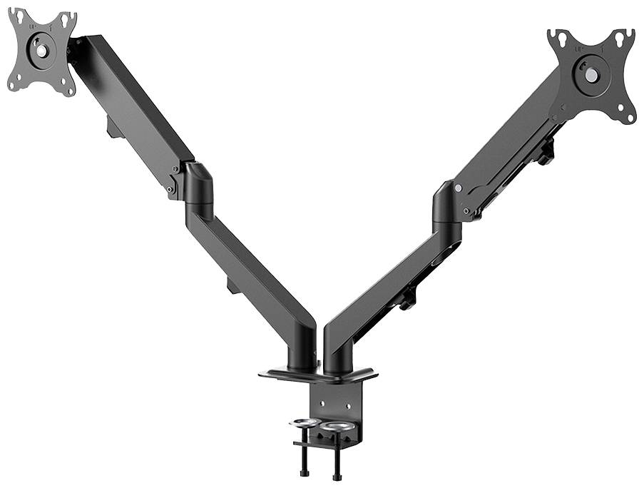 Zweiarmiger Monitorhalter aus schwarzem Metall, zur Befestigung an Schreibtischen, geeignet für zwei Bildschirme.
