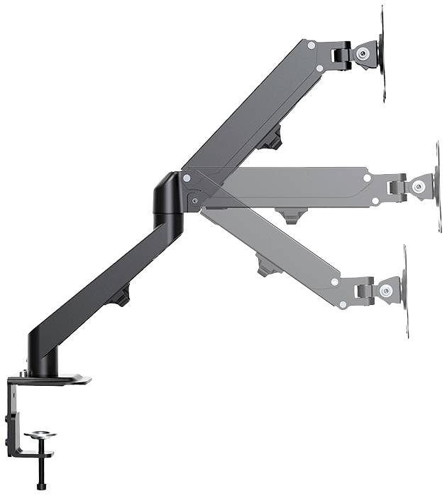 Ein schwarzer, verstellbarer Doppel-Monitor-Arm mit Tischklemme. Beide Arme haben Gelenke zur flexiblen Positionierung der Monitore.