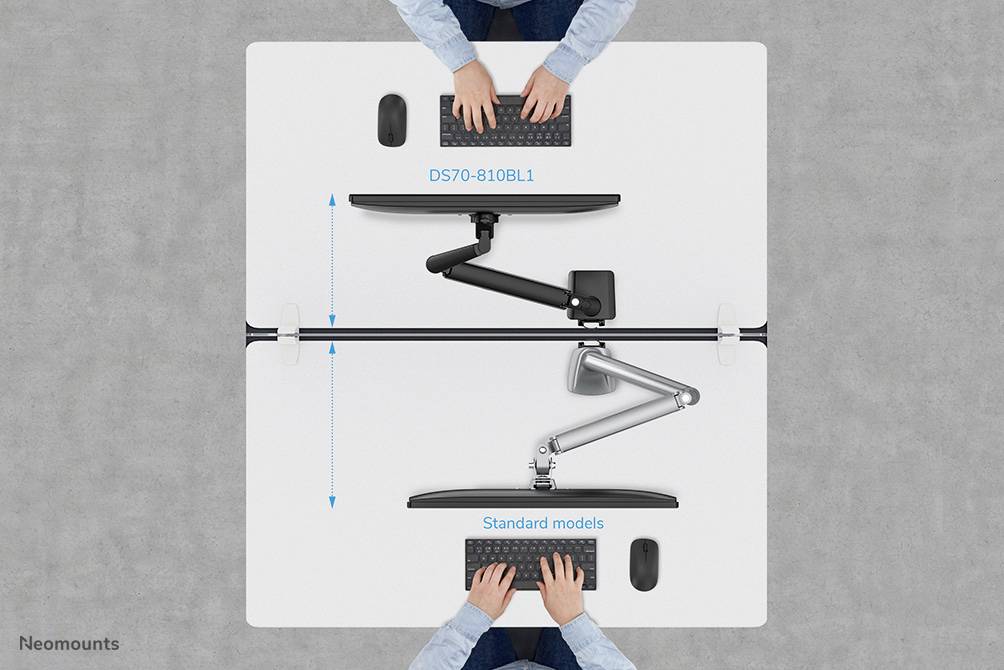 Zwei Personen an einem Tisch, installieren Monitorarme. Der obere Arm zeigt das Modell 'DS70-810BL1', der untere 'Standard models'.