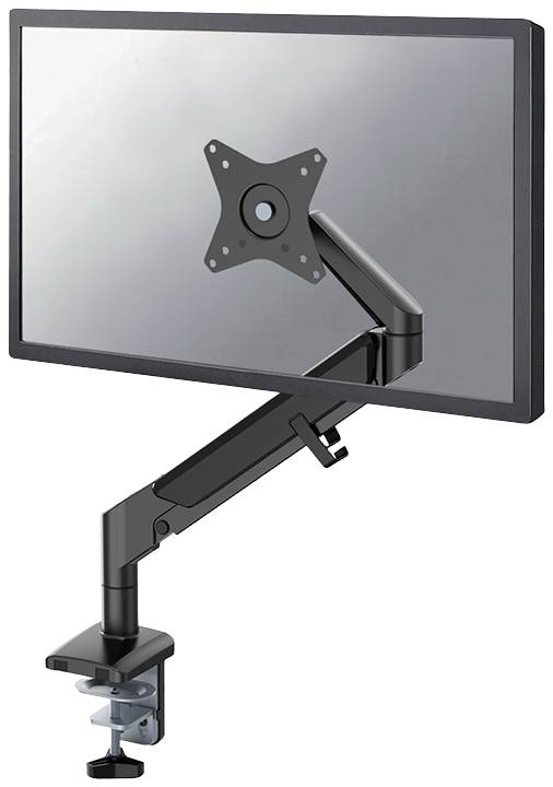 Ein verstellbarer Monitorarm, der an einem Schreibtisch befestigt ist. Der Arm stützt einen flachen Bildschirm, der ohne Rahmen dargestellt wird.