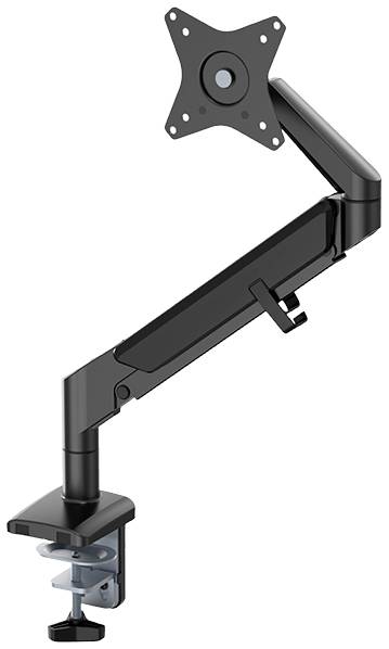 Ein schwarzer Monitorarm mit verstellbarem Gelenk und Klemme zur Befestigung an einem Tisch. Ideal zur flexiblen Positionierung eines Bildschirms.