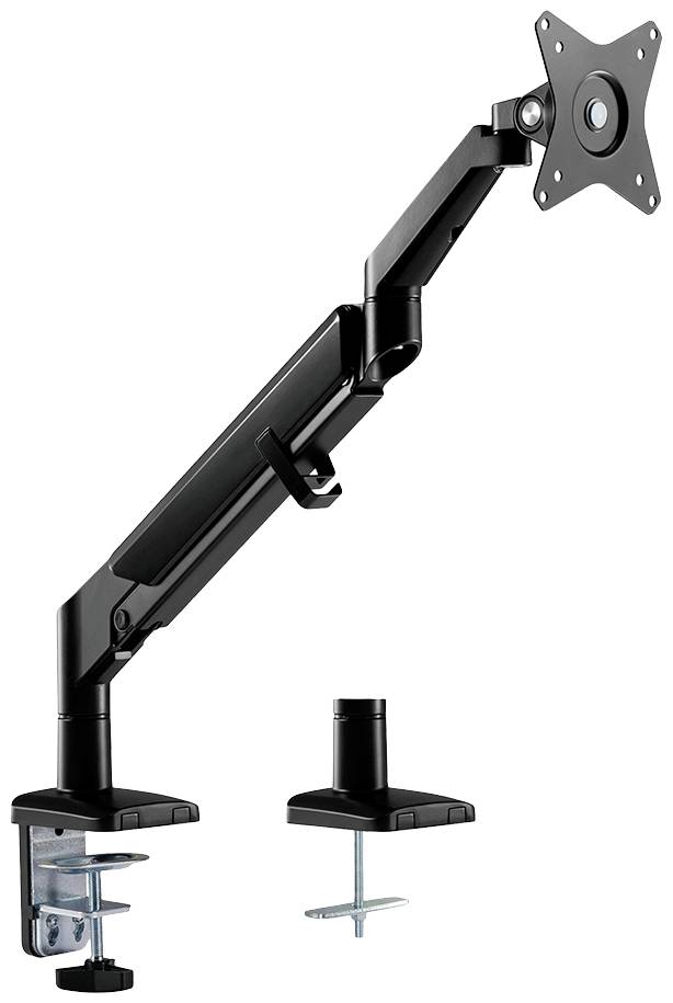 Schwarzer, verstellbarer Monitorarm mit Tischklemme und optionaler Durchtischhalterung. Entworfen für ergonomische Bildschirmplatzierung.