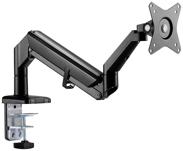 Ein verstellbarer Monitorarm aus schwarzem Metall, der an einem Schreibtisch montiert ist, mit einer Vorrichtung zur Befestigung eines Bildschirms.