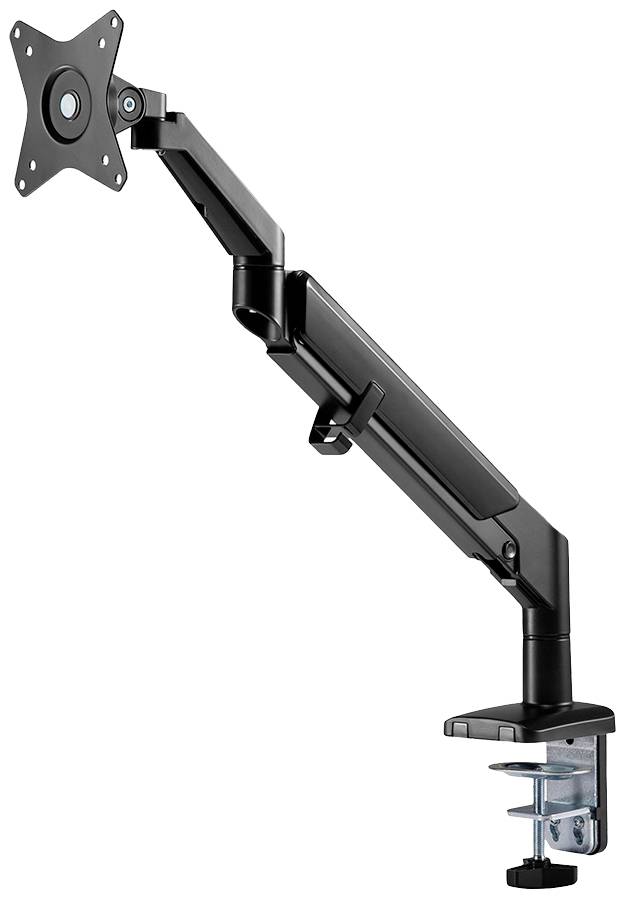 Ein schwarzer verstellbarer Monitorarm, der an einem Schreibtisch befestigt ist und zur Halterung eines Monitors dient.