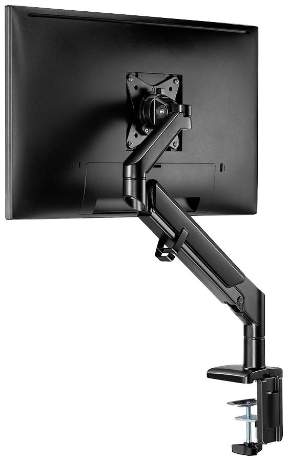 Ein schwarzer Monitorhalter mit Gasfederarm, montiert auf einem Schreibtisch, hält einen Flachbildschirm.