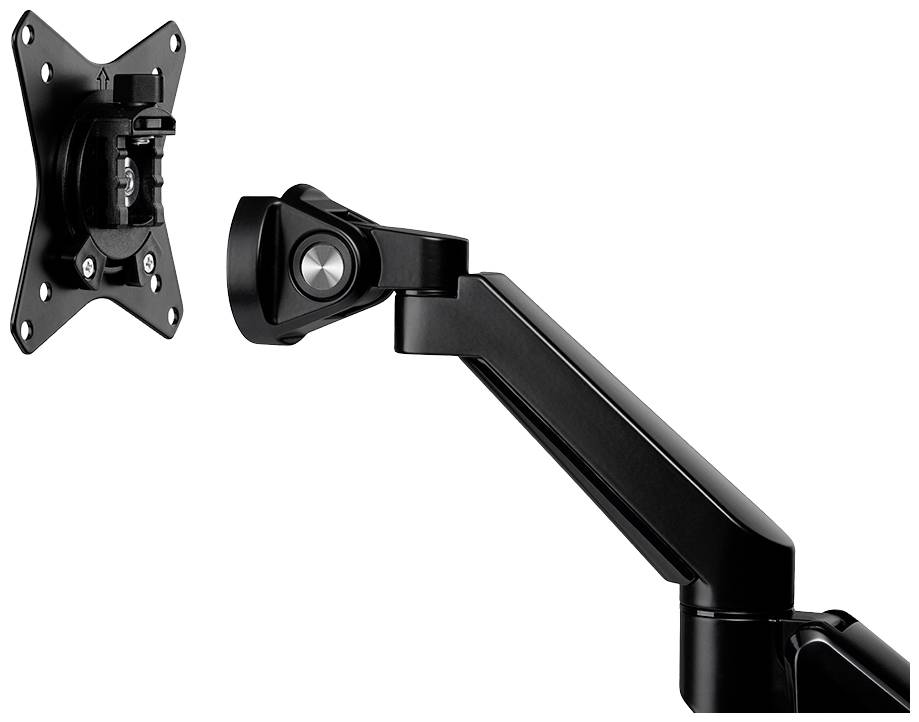Ein schwarzer, verstellbarer Monitorarm mit VESA-Halterung, geeignet zur Befestigung an einem Schreibtisch für ergonomische Bildschirmpositionierung.