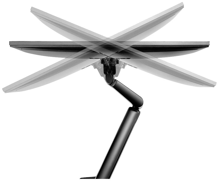 Ein schwarzer Monitorarm, der die flexible Neigung eines Bildschirms in verschiedene Richtungen veranschaulicht.