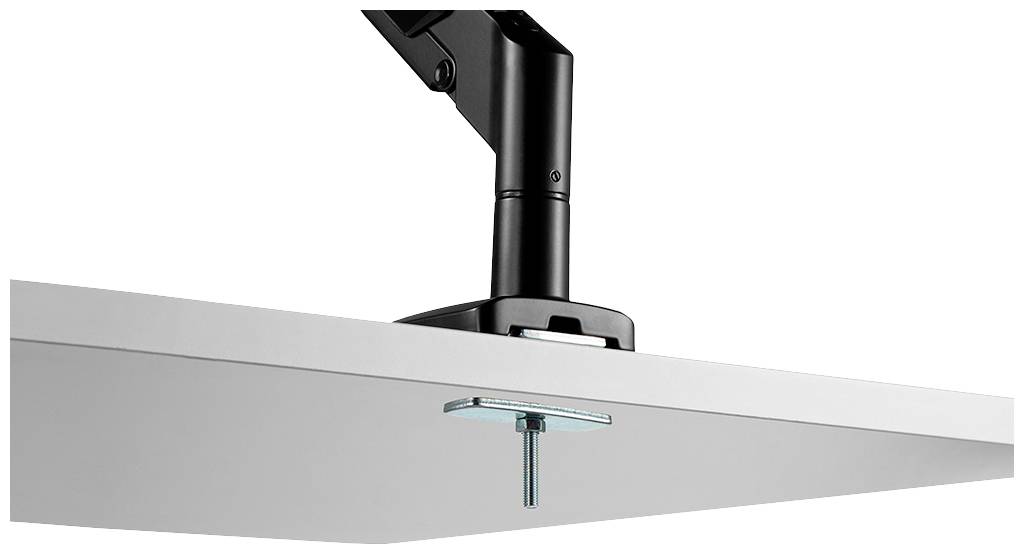 Schwarzer Monitorarm, der an einem weißen Schreibtisch befestigt ist. Der Arm ist höhenverstellbar und zeigt eine stabile Halterung.