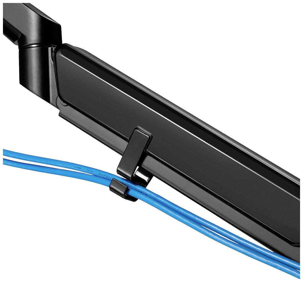Ein schwarzes, rechteckiges Gerät mit einer Halterung, durch die blaue Kabel verlaufen.