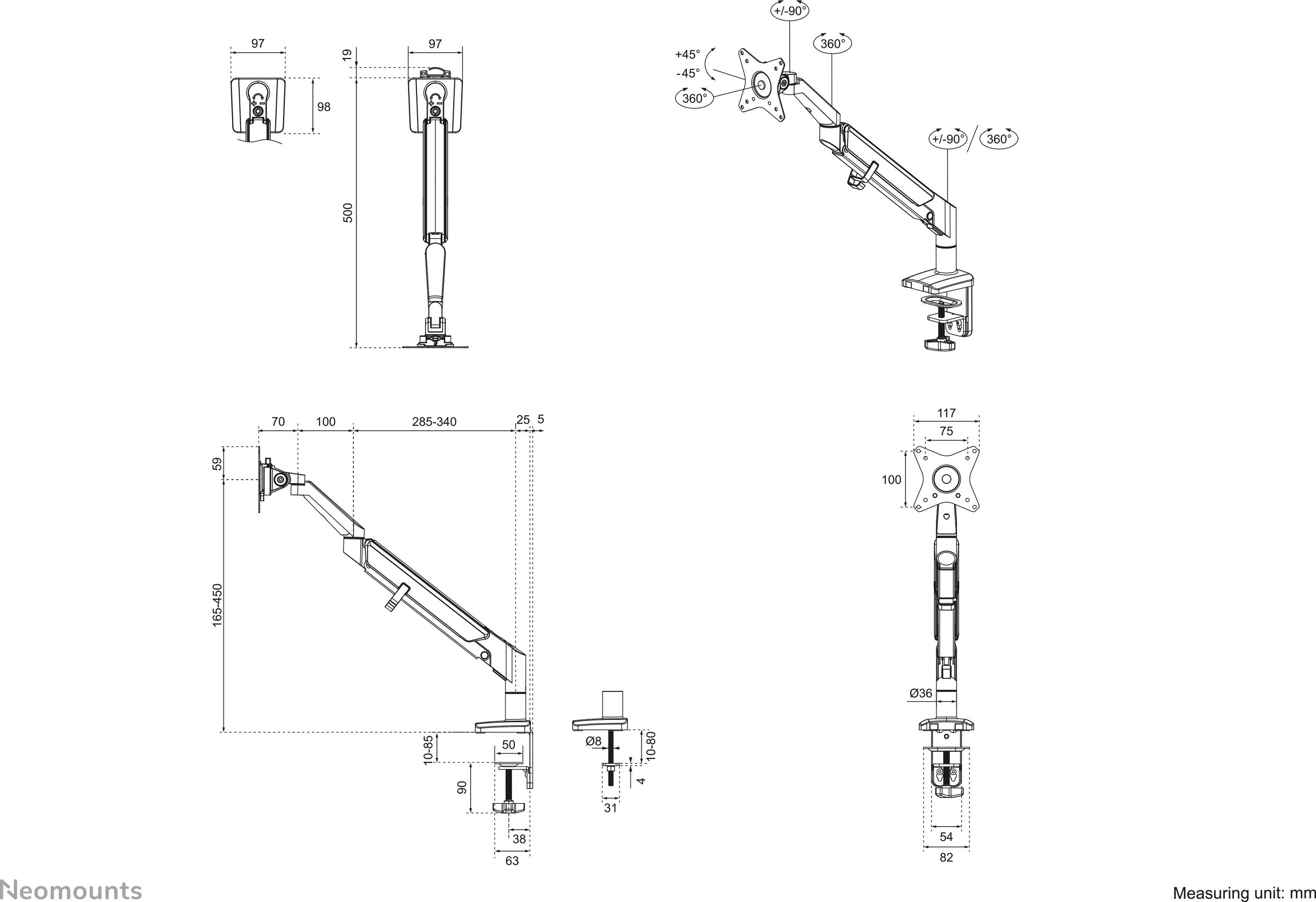 Technische Zeichnung eines Bildschirmarms mit Abmessungen in mm. Zeigt Seiten-, Front- und Draufsicht des Arms mit Befestigungsdetails.