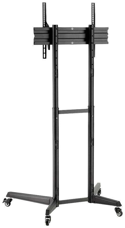 Ein schwarzer, höhenverstellbarer TV-Ständer auf Rollen, geeignet für große Bildschirme, mit robustem Metallrahmen.