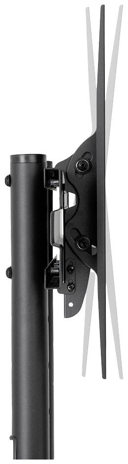 Seitenansicht einer schlanken, schwarzen TV-Halterung mit verstellbarem Gelenk. Die Halterung ist für die Wandmontage geeignet.