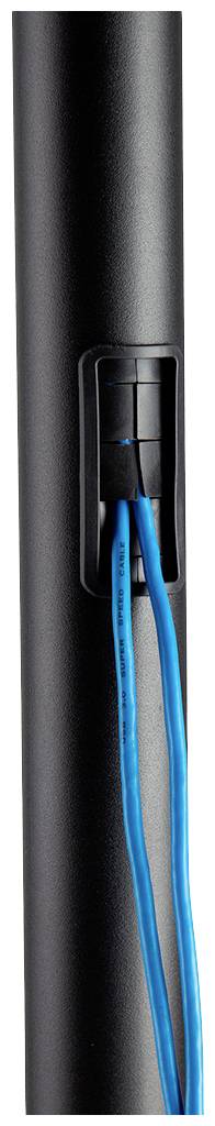 Schwarzes Kabelmanagementsystem mit blauen Kabeln, die ordentlich durch einen vertikalen Schlitz geführt werden.